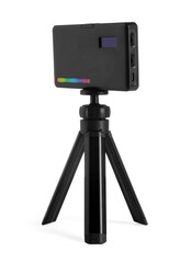 Stylish LED lamp on tripod isolated on white