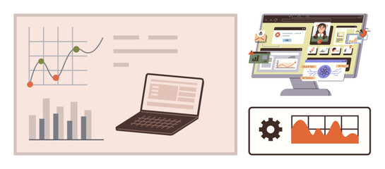 Laptop with graphs and charts, detailed monitor interface, gear and analytics. Ideal for business, data analysis, productivity, education, technology research marketing. Clean flat metaphor