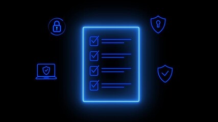 A digital checklist displayed on a glass-like panel, surrounded by security icons symbolizing data protection, privacy, and online safety. Glowing neon background, Motion graphics of data concept 4K - Powered by Adobe