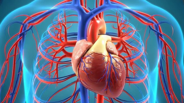 Anatomical illustration showing the human heart and circulatory system with veins and arteries clearly visible