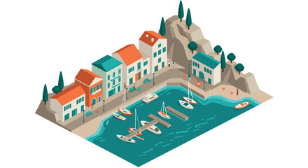 Naklejka premium Charming coastal village with boats and colorful houses in isometric style