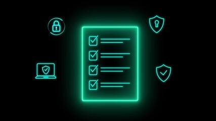 A digital checklist displayed on a glass-like panel, surrounded by security icons symbolizing data protection, privacy, and online safety. Glowing neon background, Motion graphics of data concept 4K - Powered by Adobe