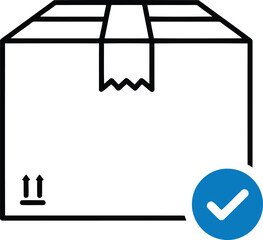 Outline icon of a package box with a blue checkmark indicating successful delivery