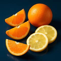 Freshly sliced oranges and lemons arranged on a dark blue background, showcasing vibrant citrus colors and textures