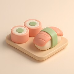 A cute and simple 3d render of sushi and maki rolls on a light beige square plate, presented in a minimalist style with soft pastel colors