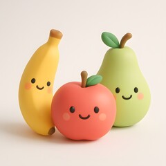 Cute cartoon banana, apple, and pear characters with smiling faces, isolated on a light background