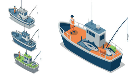 Obraz premium Isometric fishing boat with tuna catch and fisherman in various designs