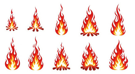 Collection of various campfire and bonfire illustrations for different uses and sizes, depicting flames and wood