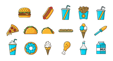 Colorful food icons, fast food set for menu design, vector graphics for restaurant promotion