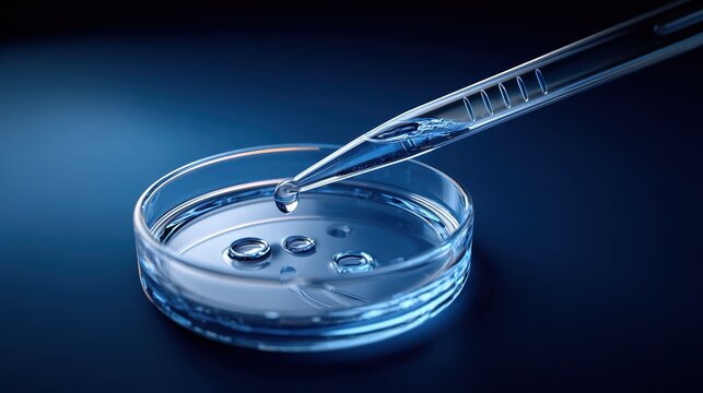 Pipette versant une goutte dans une bo&icirc;te de Petri sur fond bleu