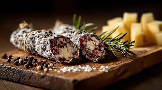 Saucisson artisanal tranch&eacute; sur planche de bois avec fromage et &eacute;pices