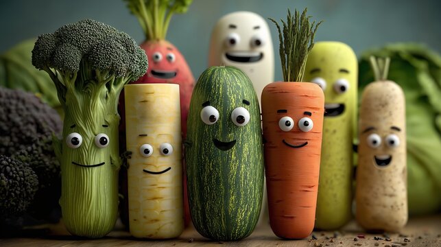Légumes anthropomorphes avec yeux et sourires dans une mise en scène - Powered by Adobe