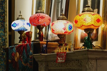 Traditional asian colored glass lamps on a Turkish market