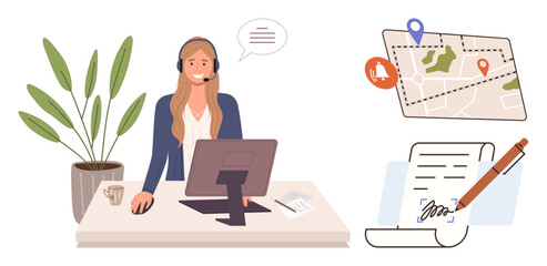 Woman with headset at desk working on computer, map with location pins, and signed document. Ideal for communication, travel, planning, support, navigation agreements business. Simple flat metaphor
