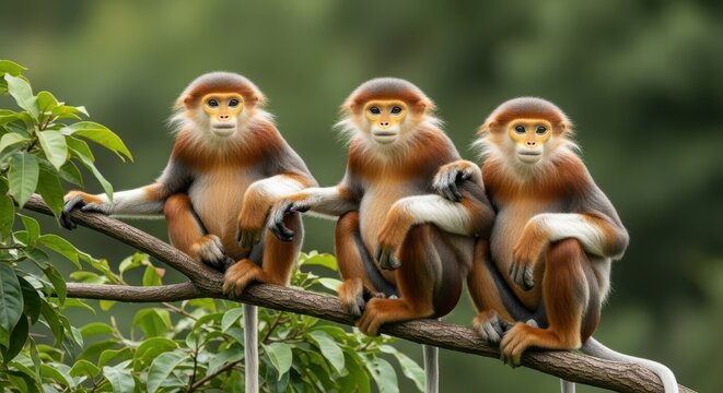 Three adorable douc langurs sit together on a tree branch in a lush green forest