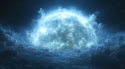 Glowing blue energy sphere over clouds in space.