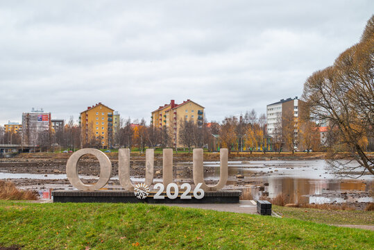 Logo Oulu2026 in city park. Oulu is the European Capital of Culture 2026. Oulu, Finland.