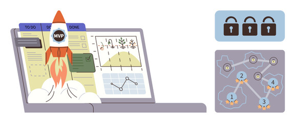 Obraz premium Rocket labeled MVP launching from laptop with charts, task boards, and secured locks. Ideal for innovation, productivity, data visualization, cybersecurity, product launch planning teamwork. Simple