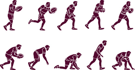 Dynamic rugby player sequence showcasing agility and strength, perfect for sports advertising and fitness campaigns, originally vector graphics