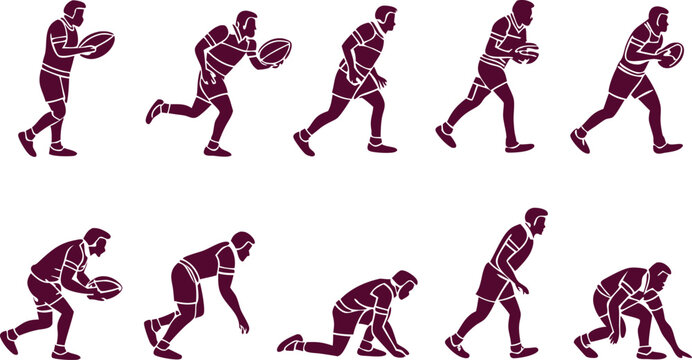 Dynamic rugby player sequence showcasing agility and strength, perfect for sports advertising and fitness campaigns, originally vector graphics