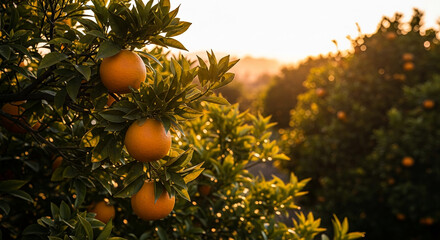 Image of an orange tree branch with ripe fruit, against a backdrop of sunset and other trees, representing freshness, nature's bounty, and harvest