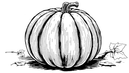 a detailed black and white illustration of a pumpkin with leaves.