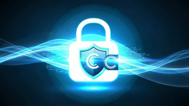 Digital security padlock with shield and circuit board pattern on blue background