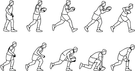 Dynamic rugby player action sequence in vector outline showcasing athlete's agility and game strategy for sports visuals and training guides
