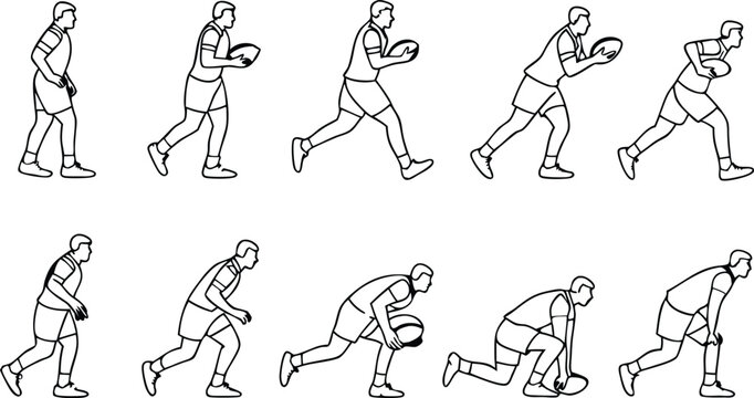 Dynamic rugby player action sequence in vector outline showcasing athlete's agility and game strategy for sports visuals and training guides