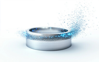 Floating silver ring surrounded by glowing dynamic particles symbolizing futuristic motion and digital energy flow isolated on transparent background PNG
