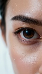 A close-up of an eye with glistening skin, capturing intricate details of the eyelashes, eyebrow, and droplets of moisture.