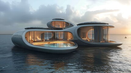 Futuristic floating home on calm ocean at sunset.