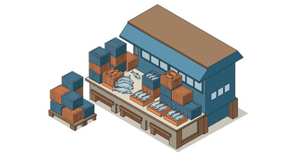 Isometric warehouse with cargo ships and shipping containers