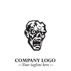 Head of Zombie Logo Symbol in Black on the White Background with Horror Minimal Vector Design