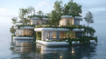 Eco-friendly floating homes on calm water, sunrise.