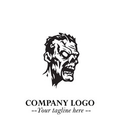 Head of Zombie Logo Symbol in Black on the White Background with Horror Minimal Vector Design
