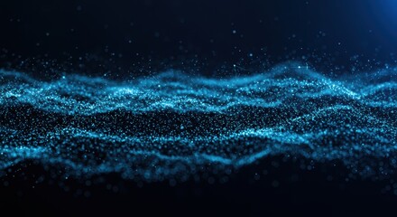 Glowing blue particle flow creates an abstract digital wave motion across a dark background
