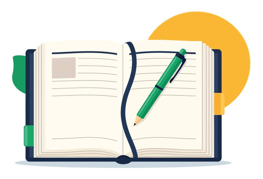 Open notebook with a pen vector illustration of diary or journal for writing or planning isolated on white background