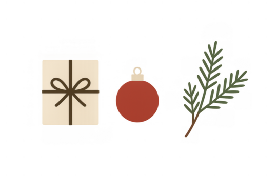 Christmas holiday season celebrating with gift box, red bauble ornament, and pine branch elements on transparent background