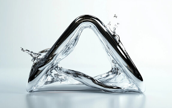 Abstract 3D visualization of a metallic triangle in motion showcasing reflective liquid texture and modern digital art isolated on transparent background PNG