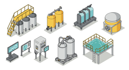 Fototapeta premium Isometric industrial machinery set with tanks, pipes, and control panels