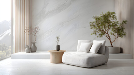 Serene modern living room with comfortable sofa and natural light, creating a peaceful, inviting atmosphere for relaxation and calm