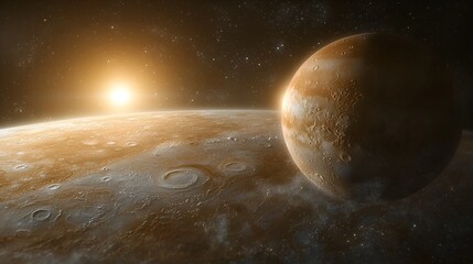 Sunrise over a cratered planet with a smaller celestial body.