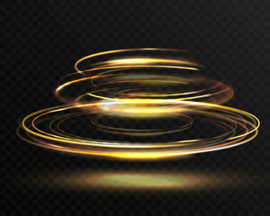 Glowing golden energy ring, swirling light trail, dynamic motion effect, abstract futuristic spiral on transparent background.
