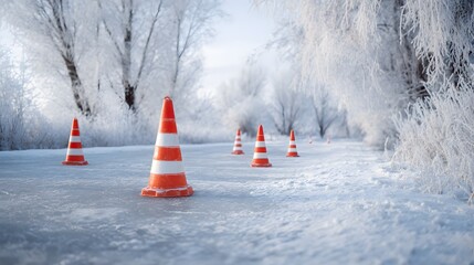 Winter road hazard icy cones snow drifts frost trees safety scene cold realism stock photo