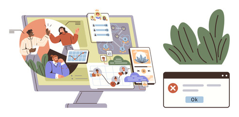 Collaborative team, data charts, workflows on screens, plant decor, error message. Ideal for teamwork, data analysis, problem-solving project management communication design tech. Simple flat