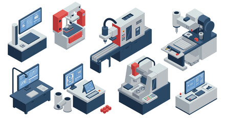Fototapeta premium Isometric cnc machinery and computer workstations for manufacturing environments