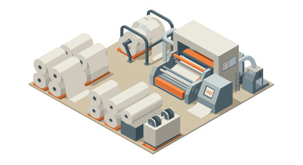 Fototapeta premium Modern isometric paper production facility with machinery and equipment
