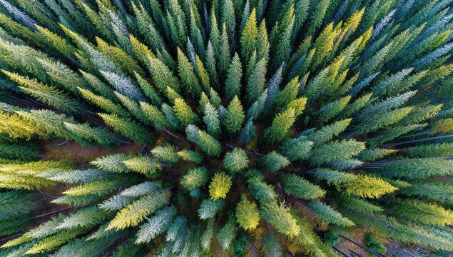 Aerial shot of dense evergreen trees, varying green hues with sunlit tips and brown patch