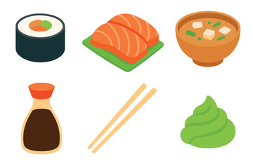 Sushi platter with salmon, miso soup, wasabi, and chopsticks. Set of 6 vector illustration